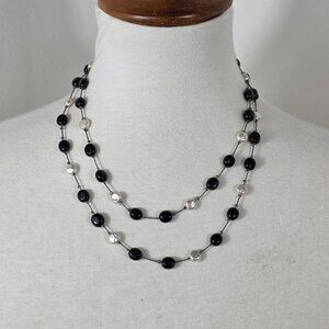 Premier Designs Two Strand Layered Black Glass/Faux Pearl Station Necklace